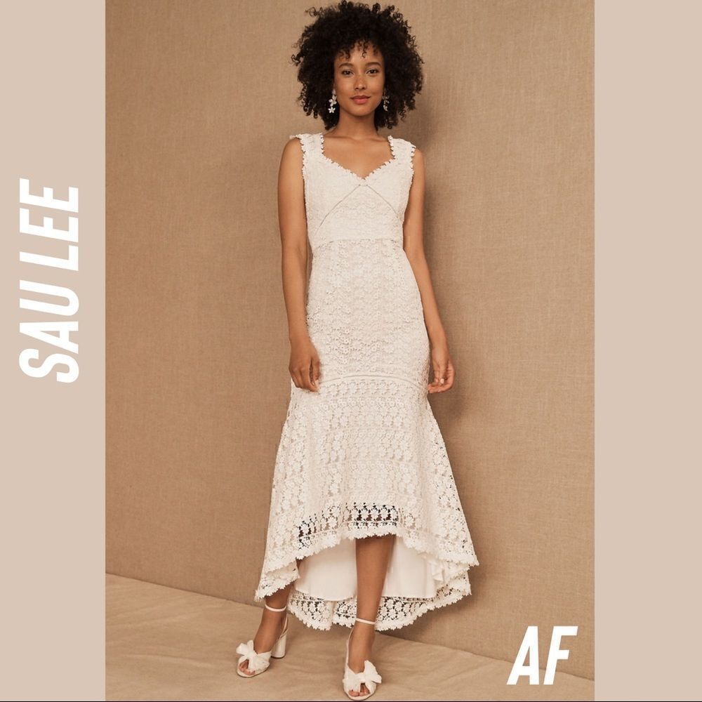 SAU LEE WEDDING REHEARSAL LACED FLOUNCED MIDI DRESS IVORY NWT NEW SIZE 4